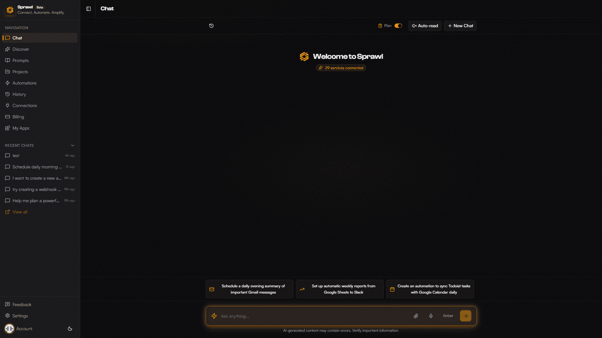 Sprawl chat interface showing cross-tool execution