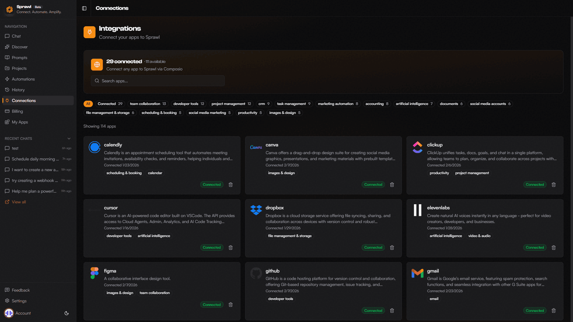 A client’s own connected accounts in Sprawl